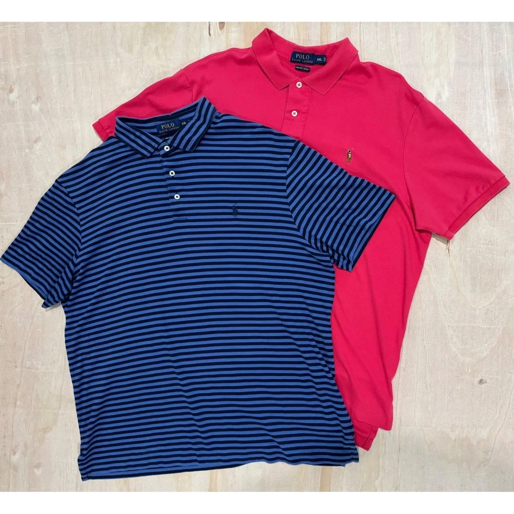Lot 2 Polo Ralph Lauren Pima Soft Touch Polo XXL Pink Blue Striped‎ Golf Shirts
